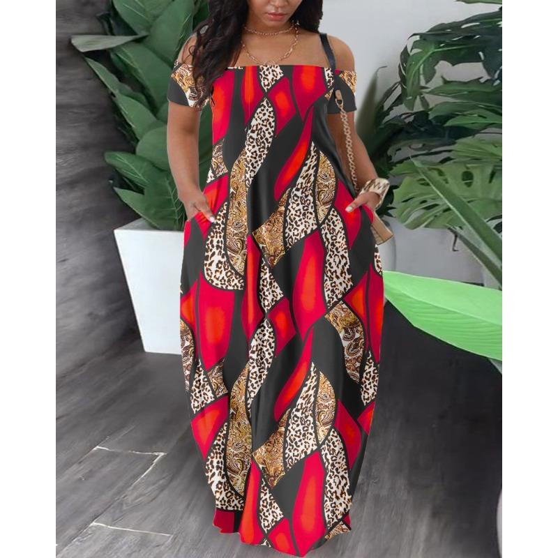 Women's Fashion Summer Spring Colour Block Print Short Sleeve One Shoulder Loose Waistlinet Casual Dresses