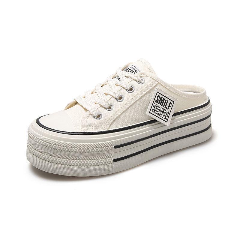 Platform canvas shoes new heelless lazy half slippers one pedal white shoes bag head half slippers