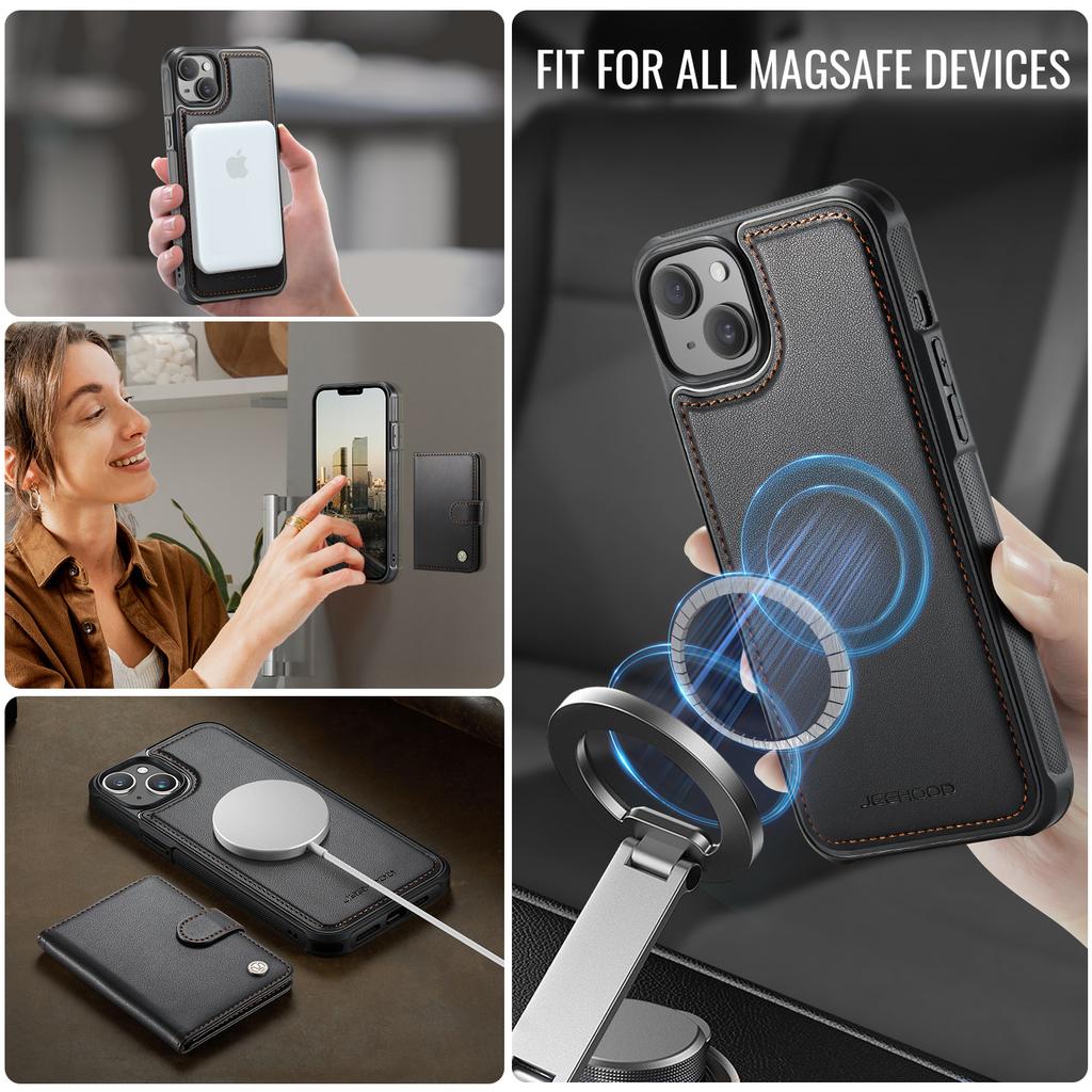 For iPhone 15 Case JEEHOOD J09 RFID Blocking Card Holder Leather Back Phone Cover Compatible with MagSafe
