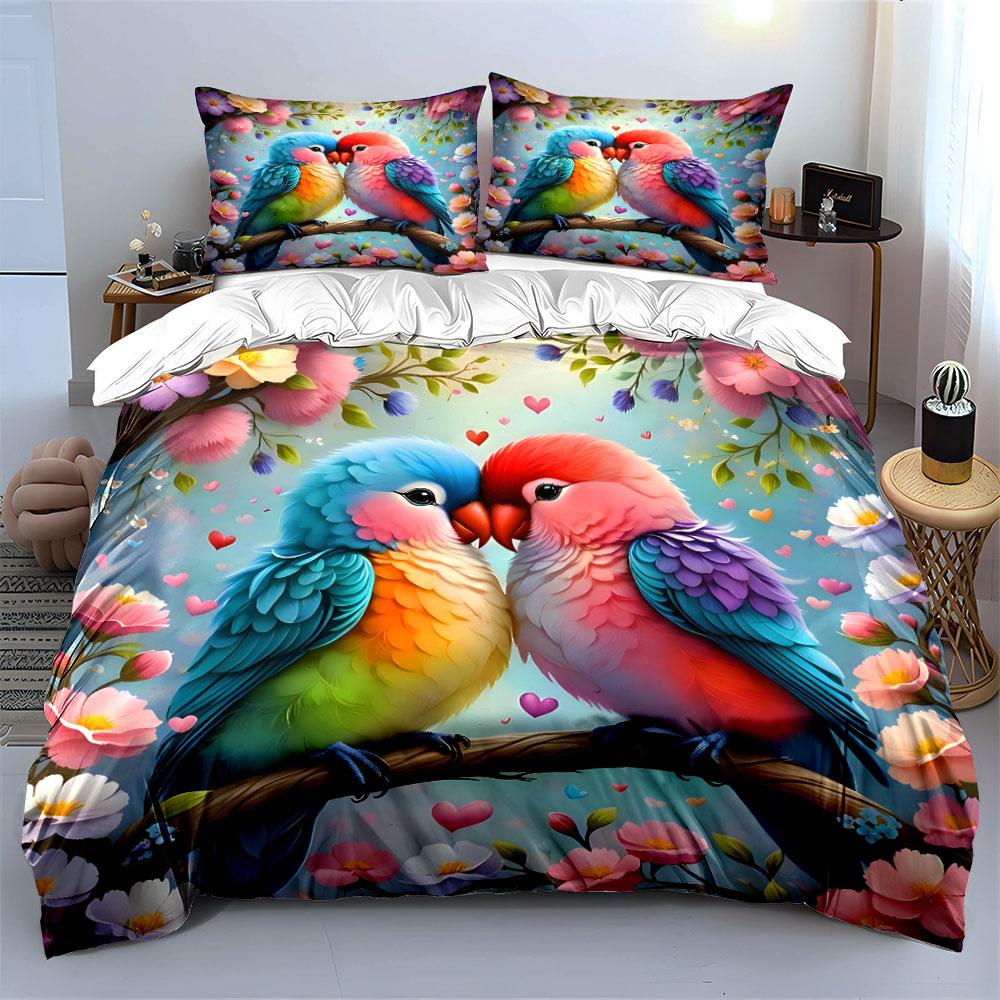 Colorful Lovebirds Blossom Art Bedding Duvet Cover Set (1*Duvet Cover 2*Pillowcases, without duvet insert)