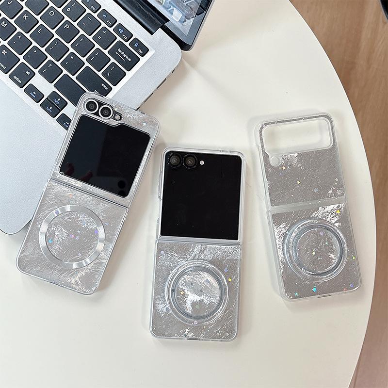 Tinfoil Texture Star Sequins Magnetic Holder Mobile Phone Case for Samsung Zflip6 Flip Folding Zflip7 Women