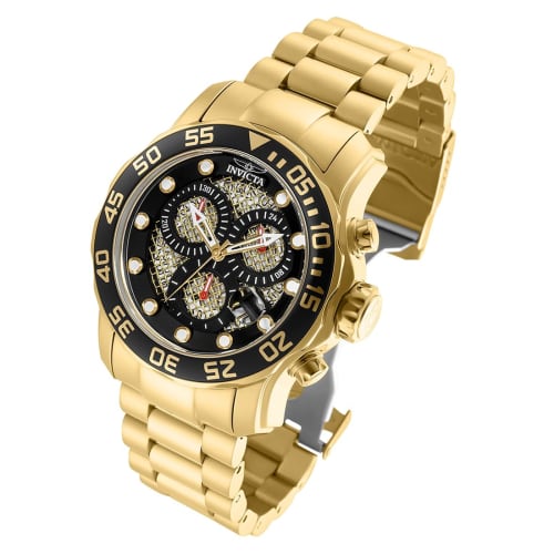Invicta Pro Diver Quartz Watch, 48.8mm Case, Gold Stainless Steel Strap, Black Dial, 19837, Men's