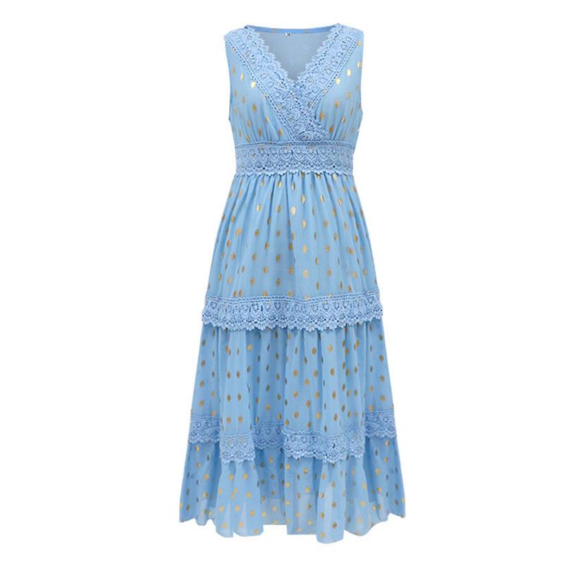 Sommer Damen Sexy Tiefes V Ärmelloses Chiffon Midi Kleid