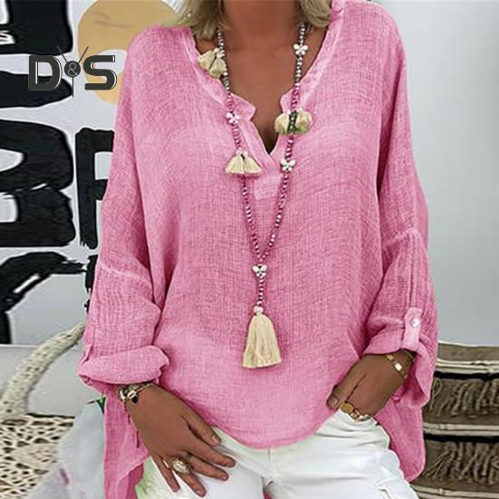 Frauen V-ausschnitt Langarm Pullover Tops Einfarbig Lose Fit Mid länge Lässig Leichte Tops Streetwear