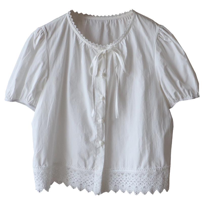 Bi Zheng 2025 Summer Korean Style Lace Patchwork Bubble Sleeve Tie-Up Shirt