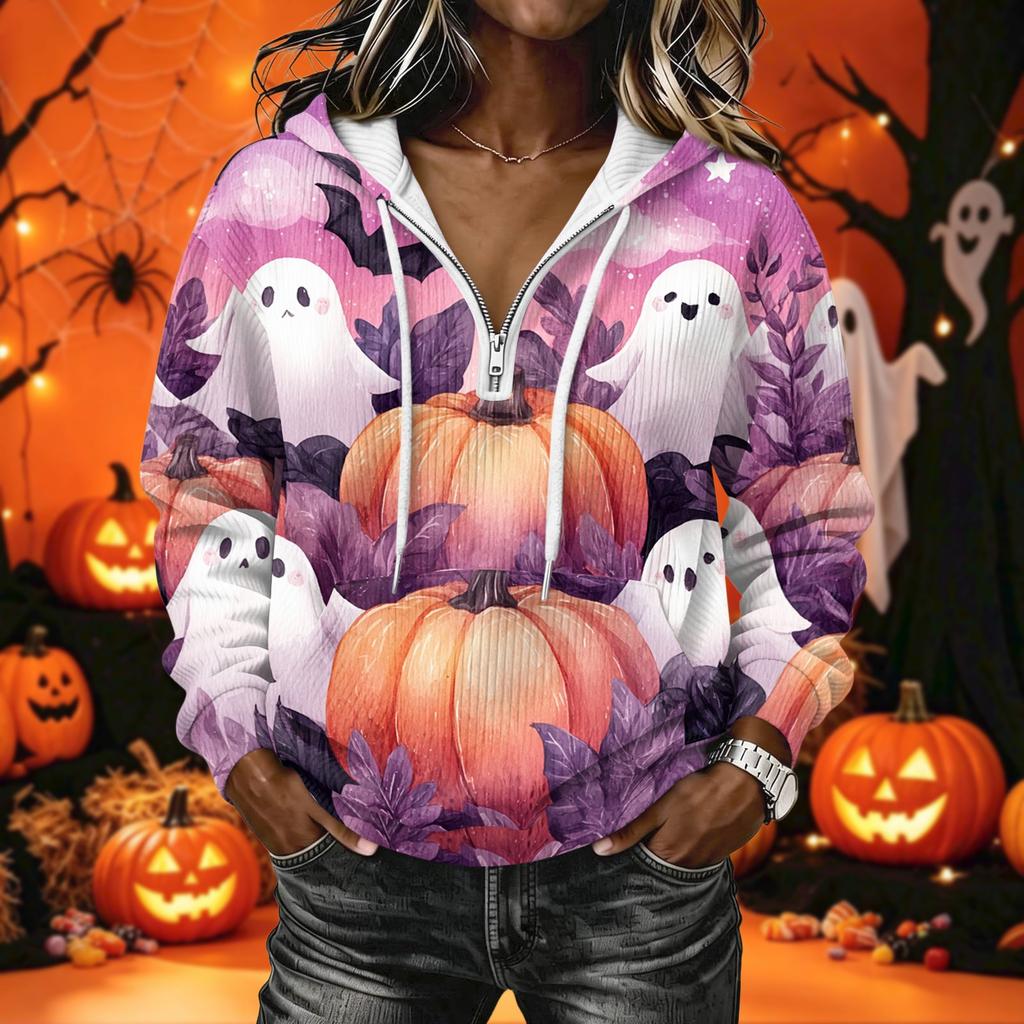 Women's Long Sleeve Hoodie Sweatshirt with Halloween Print for Casual Wear