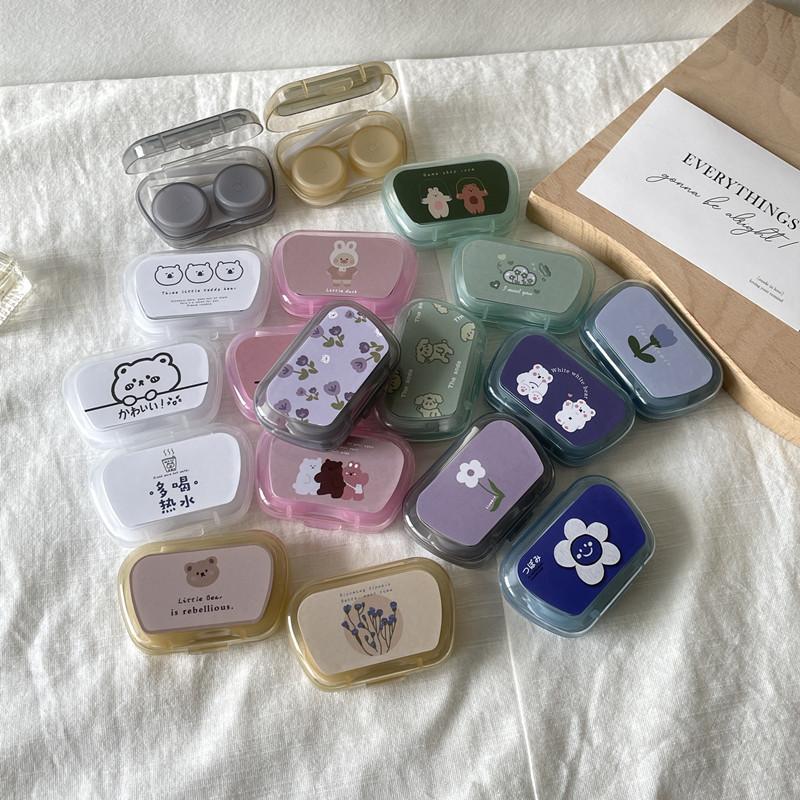 Ins with Mirror Floral Animal Printed Cute Contact Lens Box Portable Contact Lens Case Companion Box Travel Contact Lenses Case