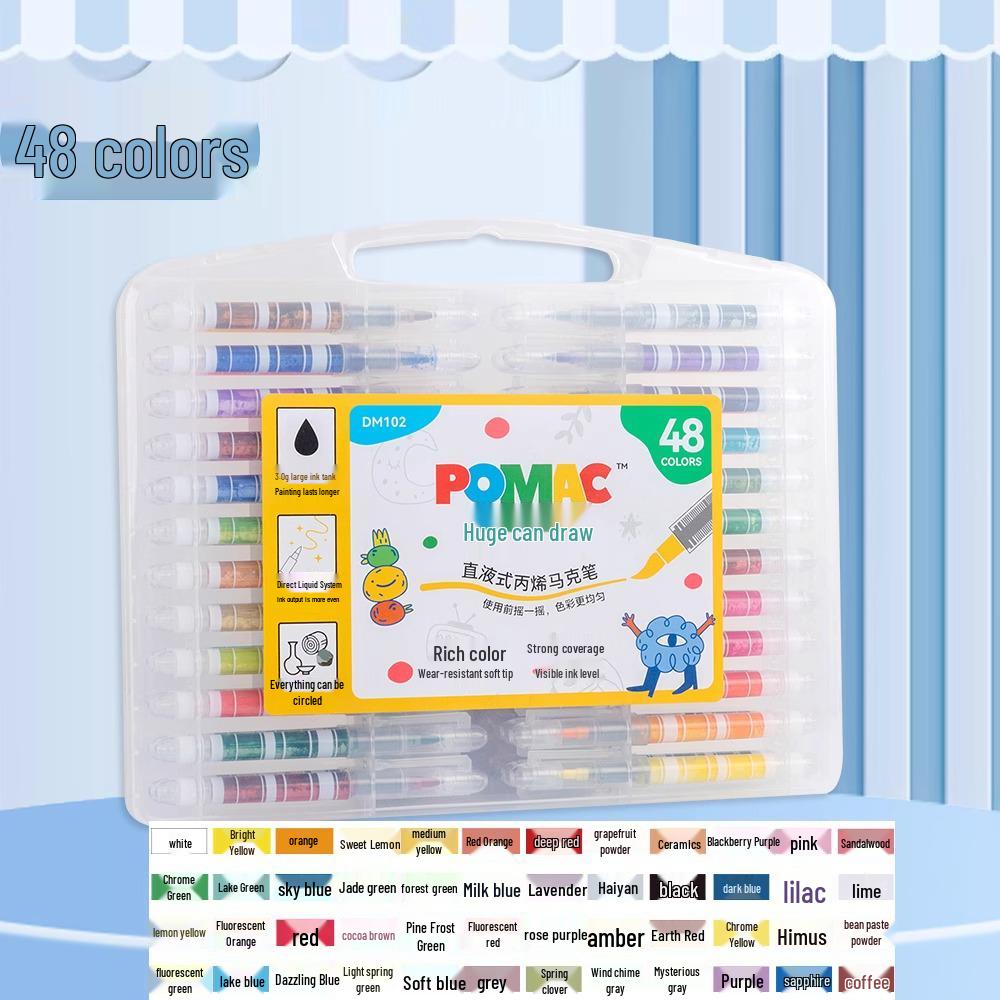 Washable 48-Color Liquid Ink Acrylic Marker Set for Students & Kids - Long-Lasting, Soft Tip for Doodling, Painting & Layering