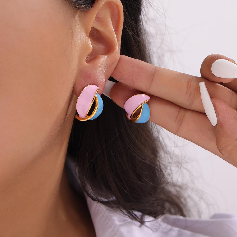 Oil Dripping Titanium Steel Earrings Simple Design Geometric Three-Dimensional Contrasting Color Leaf Studs French Retro Morandi Color
