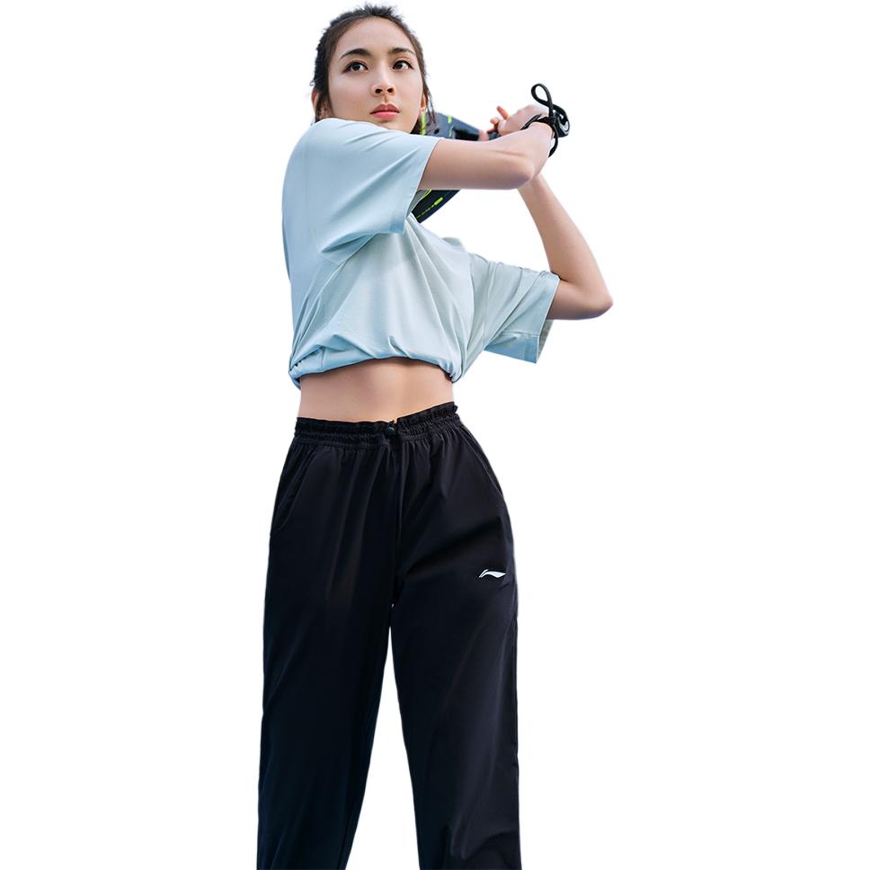 Li Ning Solid Color Mid Waist Drawstring Tapered Knit Sports Pants Women Bottoms Black AYKU396-2