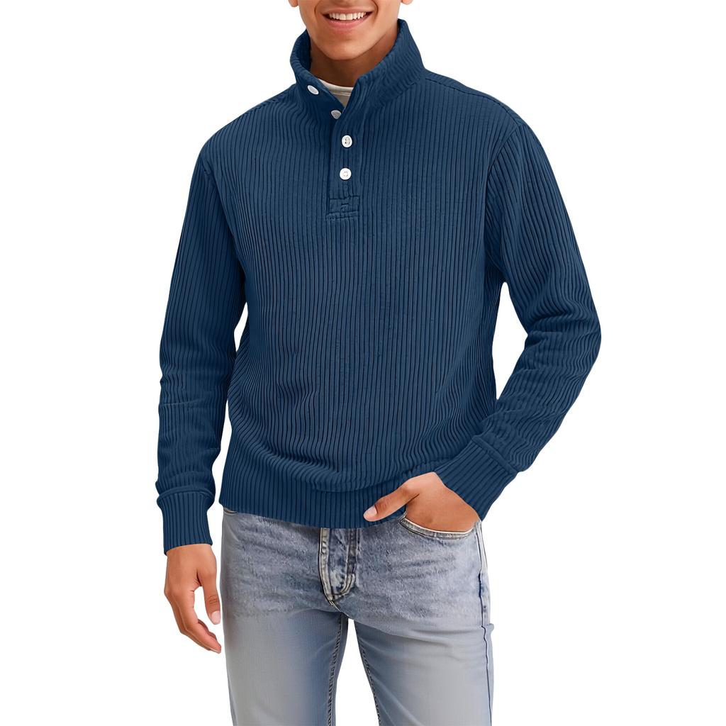 Men's Four-Button Pullover Sweatshirt, Solid Color, High Neck, Long Sleeve