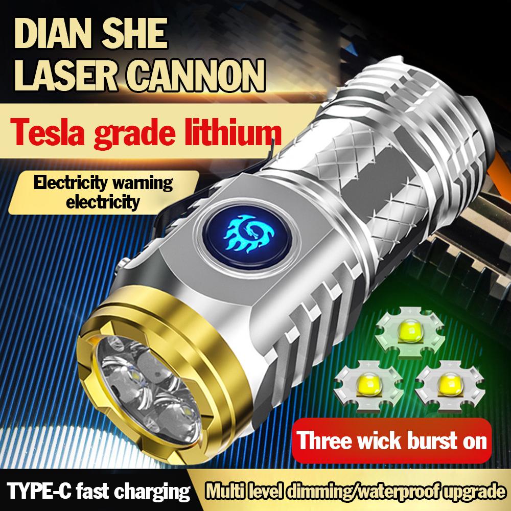 LED Mini Flashlight Type-C Rechargeable Waterproof 3rd Gear Adjustable Brightness Strong Lright Self Defense Flashlight Powerful
