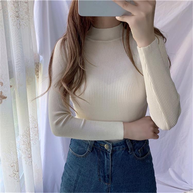 Pulover femei ia în interiorul subțire toamnă iarnă culoare uni punctul de bază jumătate guler înalt fund tricot pulover femeie