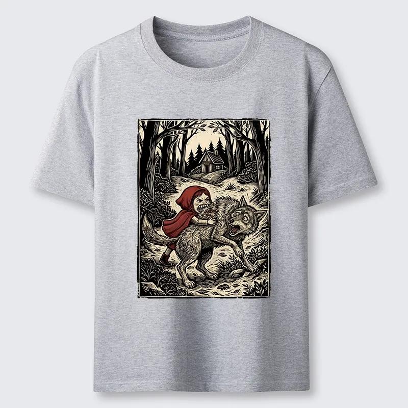 Fashionable T-shirt for summer 2026, new limited edition, funny Little Red Riding Hood defeats the Big Bad Wolf, pure cotton, Y2K T-shirt with a roun