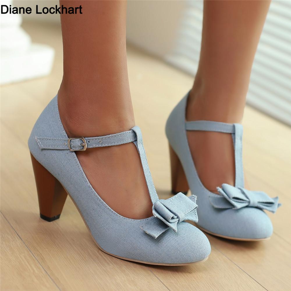 Fashion 2025 Spring Summer Girls High Heel Shoes Denim Pumps T-Buckle Fashion Women's Spike Heels High Heels for Office Party Banquet