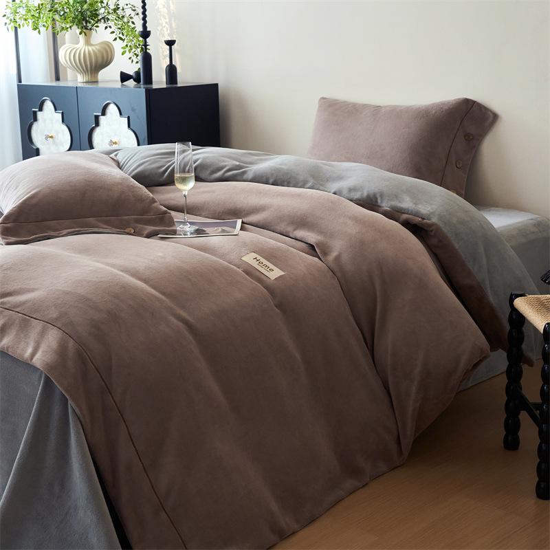 Thickened Milk Fleece Four-Piece Set, Button Coral Fleece Quilt Cover, Bed Three-Piece Set, Fleece Sheet Quilt Cover