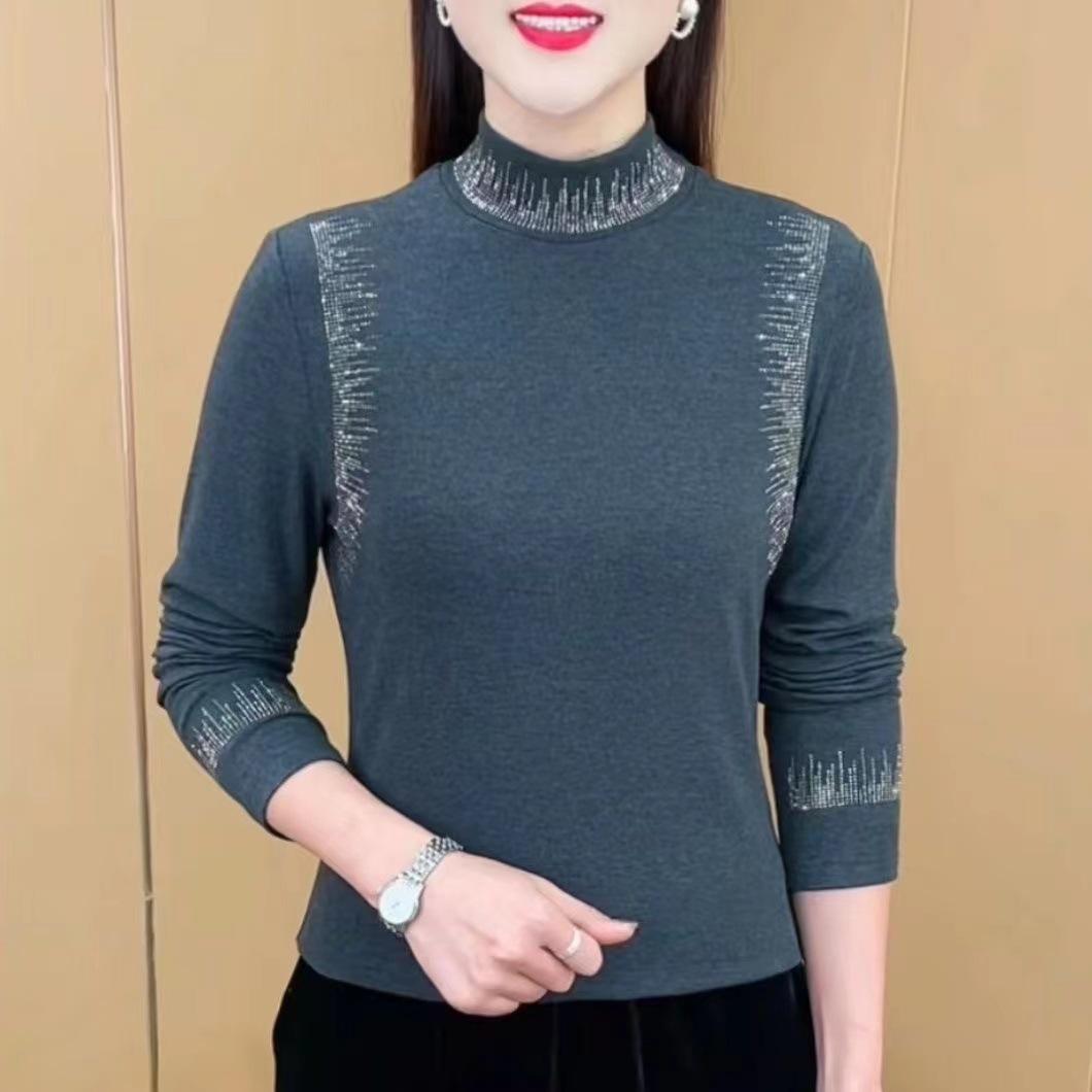 

Women s Autumn and Winter New Semi-turtleneck Temperament Long-sleeved T-shirt Solid Color Versatile Design Fashionable Women s Bottoming Shirt 4XL серый