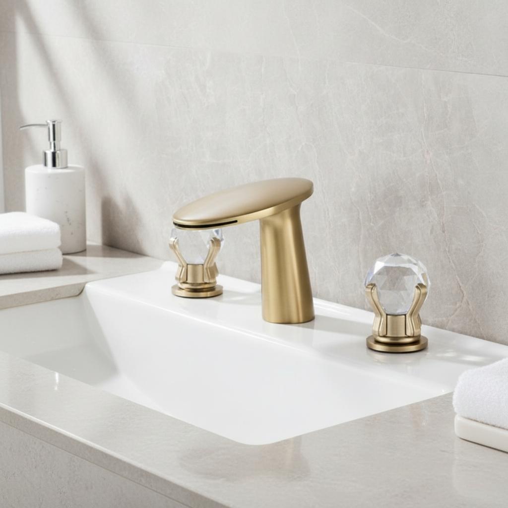 Bathroom Faucet with Waterfall Spout Polished Bathroom Faucet with Crystal Handles Waterfall Sink Tap Two-Handle Spa-Like
