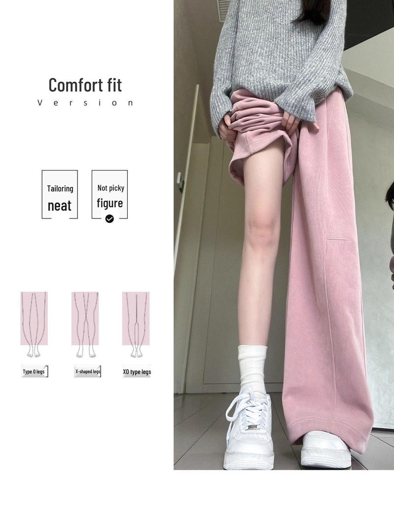 Women's Pink Velvet Wide-Leg High-Waisted Pants - Autumn/Winter Casual Slimming Sweatpants