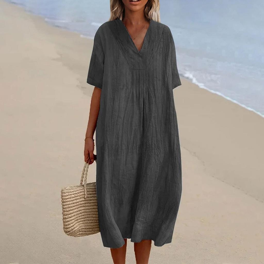 Women's V-Neck Casual Dresses Beach Holiday Color Vacation Leisure Dresses Loose Cotton Linen Shirt Dress