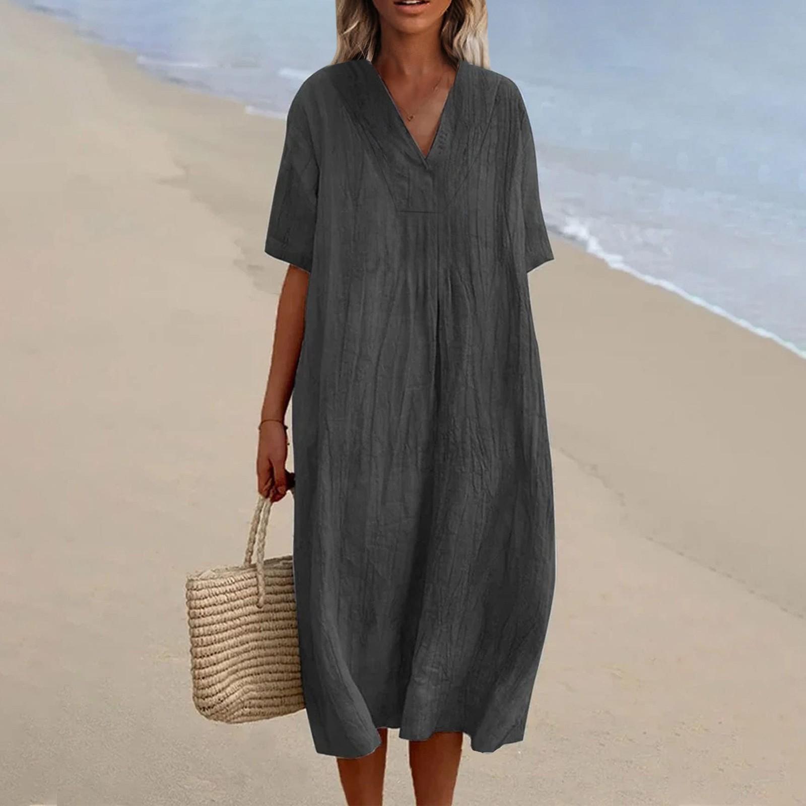 

Women s V-Neck Casual Dresses Beach Holiday Color Vacation Leisure Dresses Loose Cotton Linen Shirt Dress L чёрный