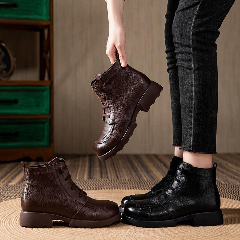 Johnature Genuine Leather Warm Round Toe Soft Soled Short Boots Low Heel Non Slip Casual Women's Shoes