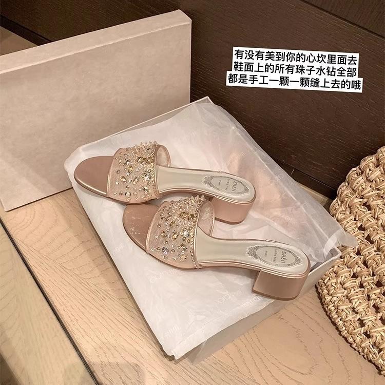 New limited edition crystal drag mesh yarn rhinestone one-word thick heel slippers women's sandals dinner wear women's sequined slippers