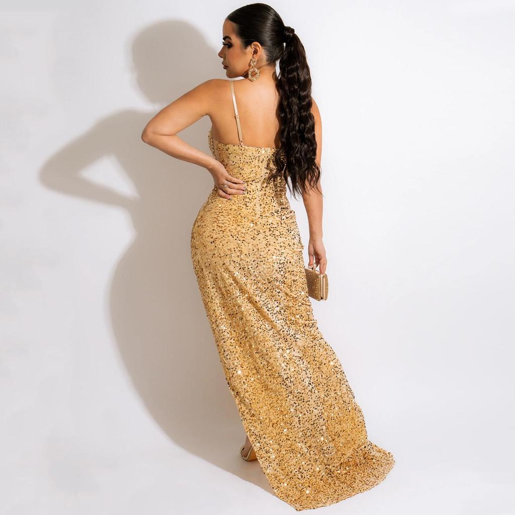 X5843 Europejska i Amerykańska Sukienka z Cekinowej Siateczki na Ramiączkach Spaghetti z Nieregularnym Rozcięciem dla Kobiet