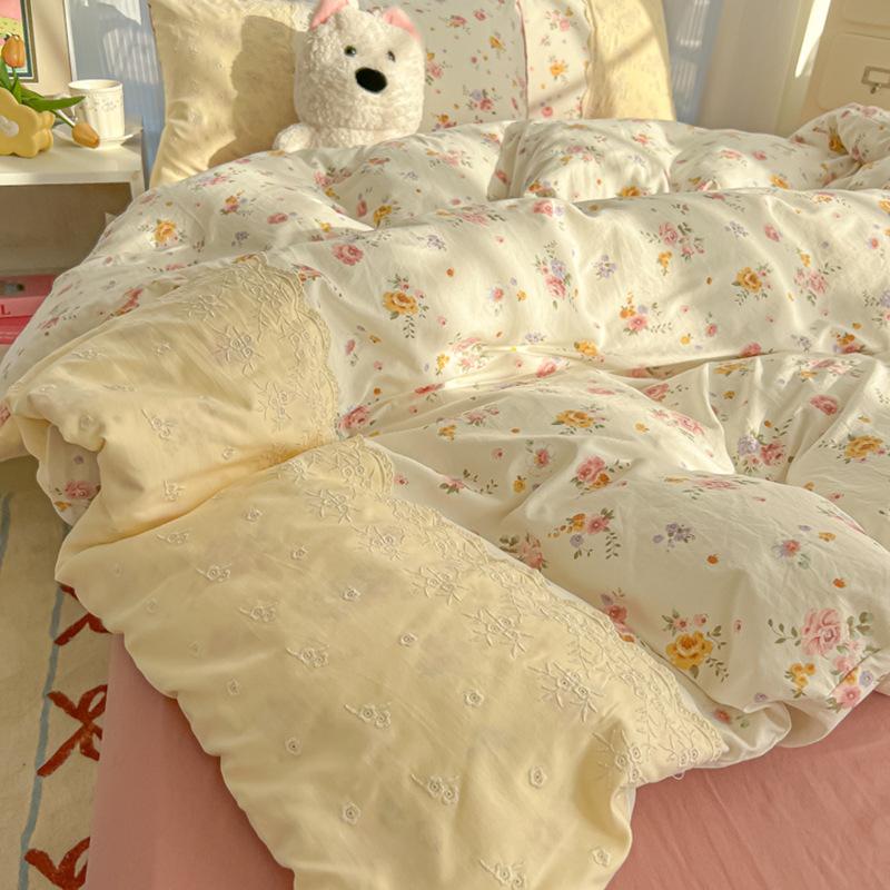 Ložní souprava ve stylu princezny Čtyřdílná sada Prodyšná Pohodlná Prané prostěradlo Přikrývka Povlak na polštář