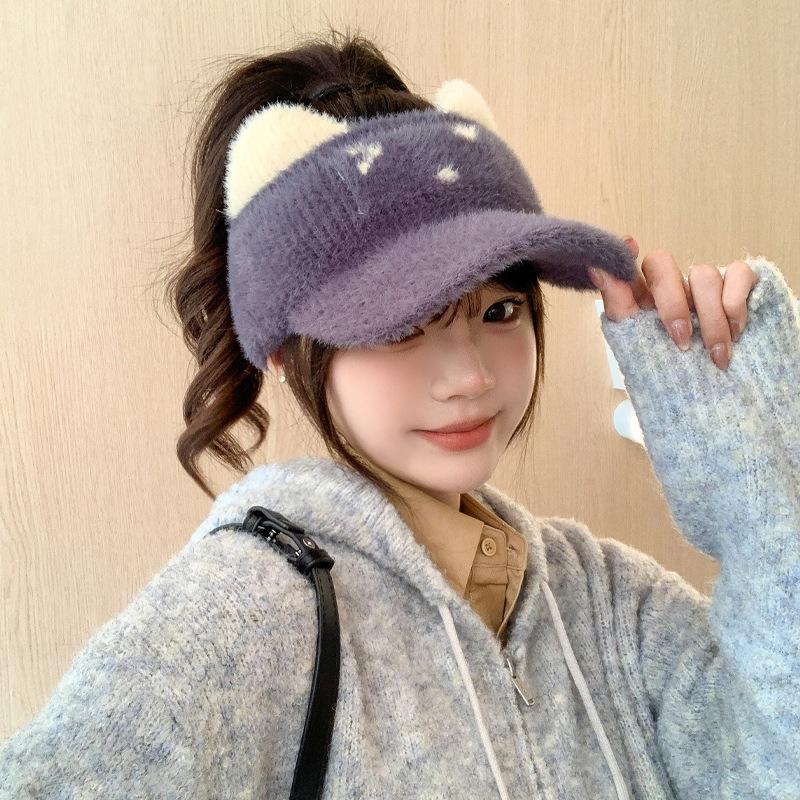Korean Version of Autumn and Winter New Hat for Women Cute Cat Knitted Wool Hat Small Fresh Winter Warm Duck Tongue Cap