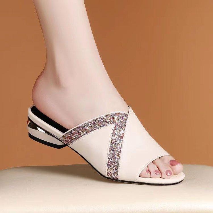 Color Matching Soft Leather Low-heeled Fish Mouth Slippers Women's Thick Heel Fashion Outer Wear One-word Sandals Summer 2025 New Versatile