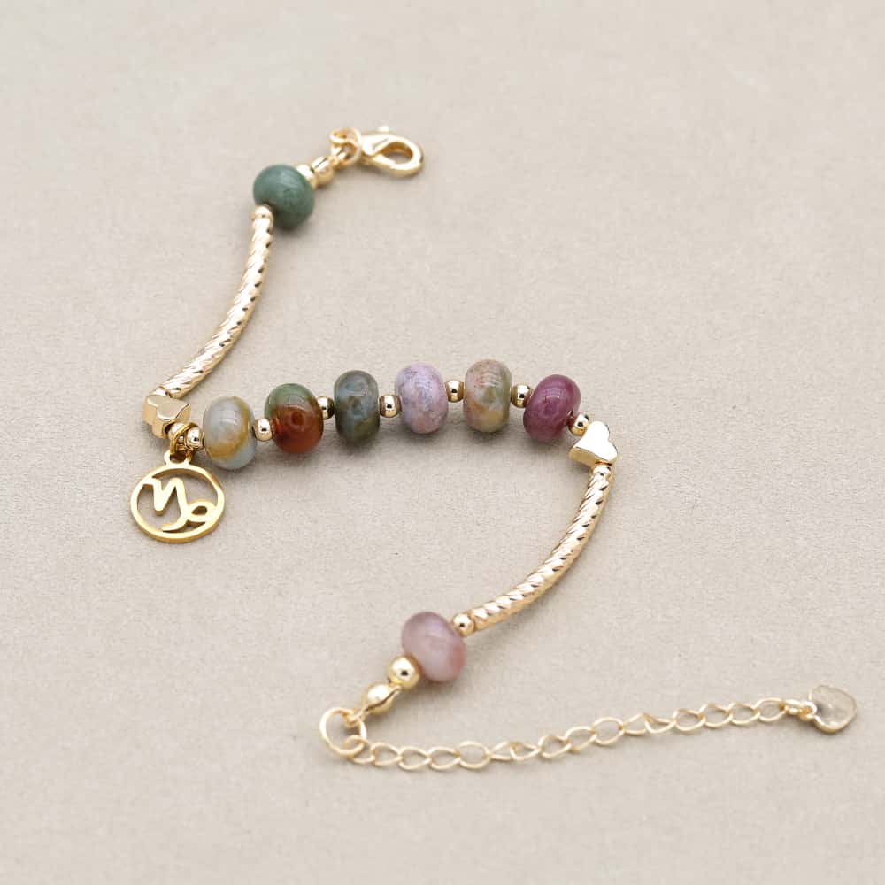 Women Constellation Zodiac Charm Strand Bracelet Natural Stone Indian Jasper Beads Gold Plated Fashion Jewelry Gifts