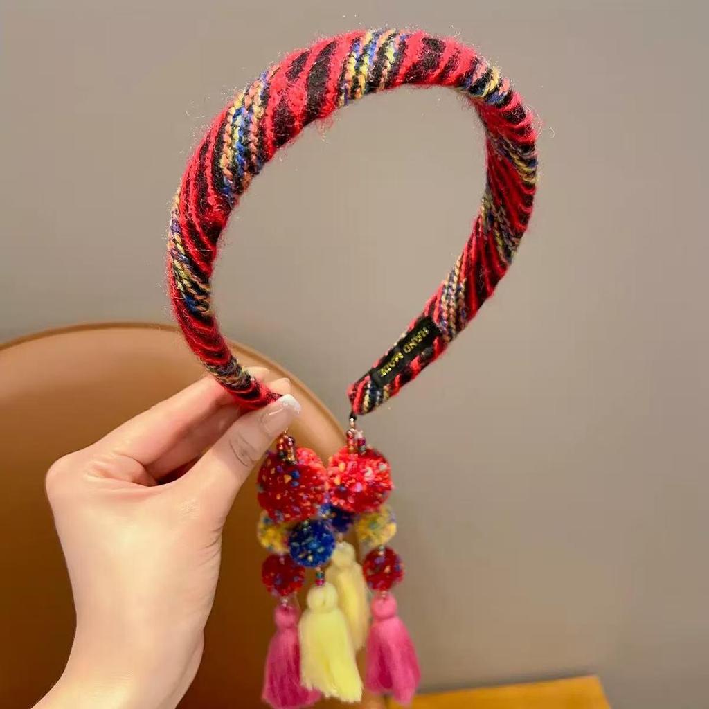 2025 New Style Colorful Braided Plush Headband for Girls - Wide-Edge Ethnic Hair Accessory