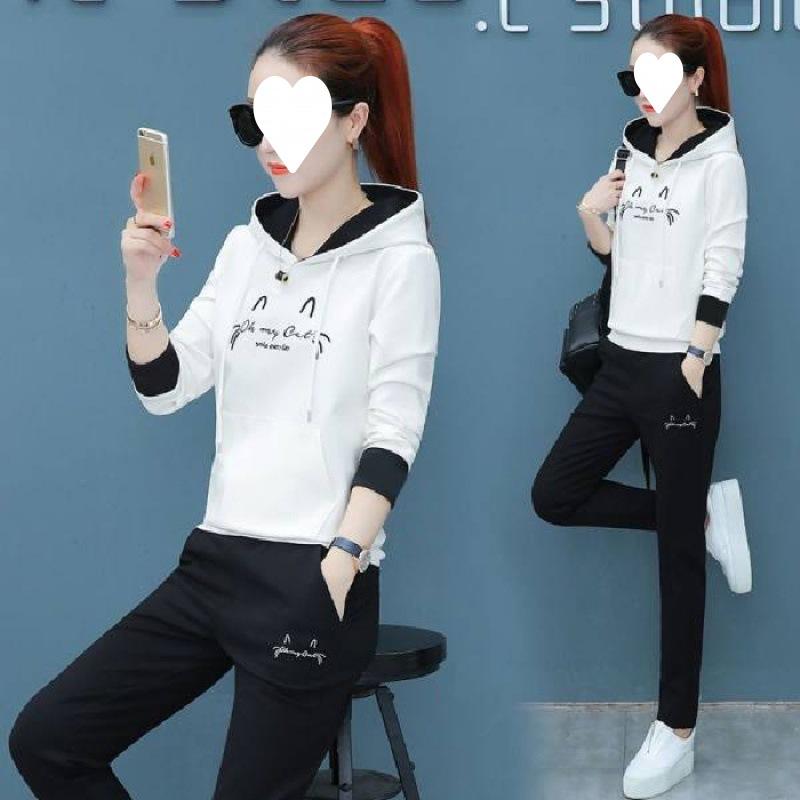 Embroidered Hooded Autumn Casual Sports Suit for Women Korean Style Loose Long-sleeved Student Two-piece Set