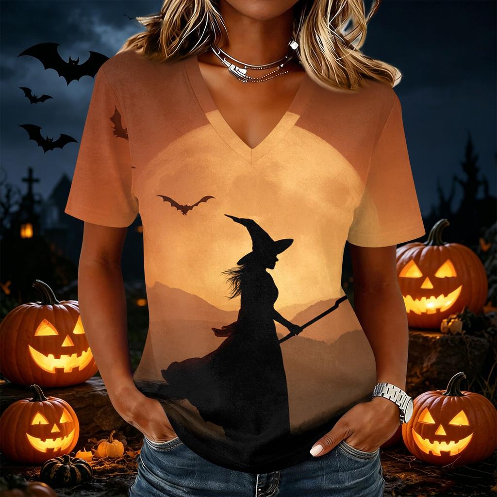 Women's Casual Short Sleeve V Neck Pullover Top Halloween Pumpkin Print Lightweight Comfortable Fit