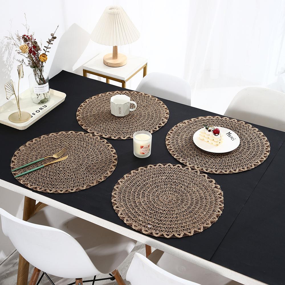 

4 шт. фермерских мешковинных салфеток с волнистым краем, нескользящие коврики для стола, декоративная отделка столовой, натуральный джутовый материал 38x38cm&Round