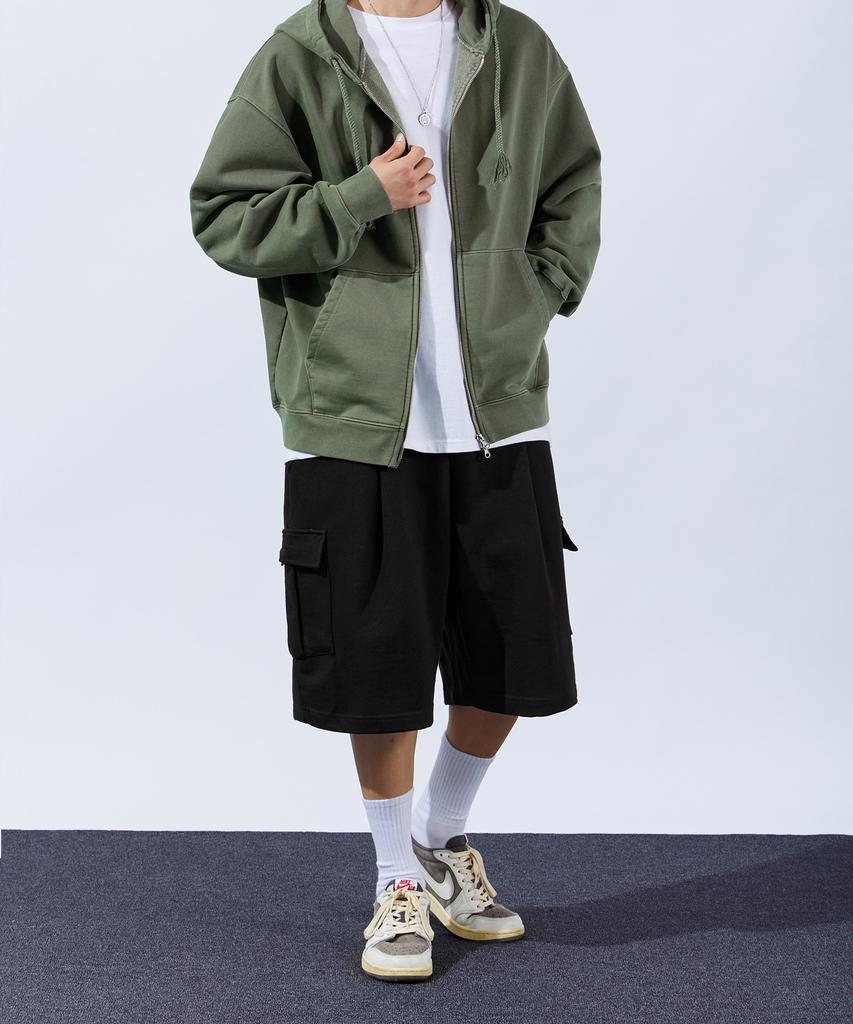 Topboy Heavy Duty Pigment Oversized Two-Way Zip-Up Hoodie Light Khaki