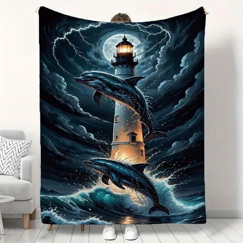 Dolphin and lighthouse print flannel blanket suitable for bedding, office, home, camping, warming, sofa, bed, Christmas 130x150cm