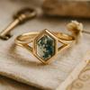 Wedding Engagement Anniversary Promise Gift – Vintage Hexagon Cut Moss Agate Ring, Yellow Gold Plated Bezel Setting Bridal Jewelry for Women