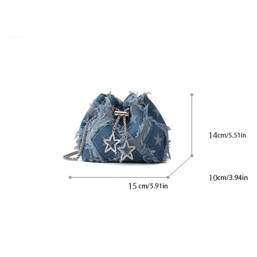 Drawstring Star Denim Bucket Bag Tassel Cloth Shoulder Bag Casual Metal Chain Crossbody Bag  Party