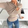 Women's Spring Fall Long Sleeve Asymmetrical Draped T-Shirt with Metal Button Accent Cutout Detail Soft Casual Layer Top