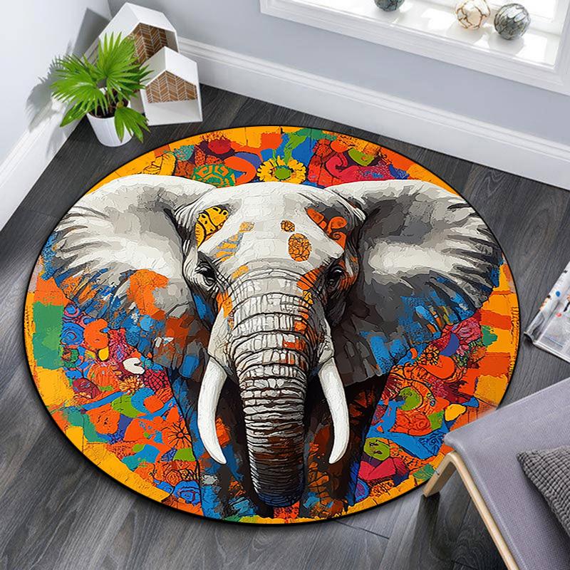 Elephant Mandala Round Area Rug,Carpet Rug for Living Room Bedroom Sofa Playroom Decor,Non-slip Floor Mat