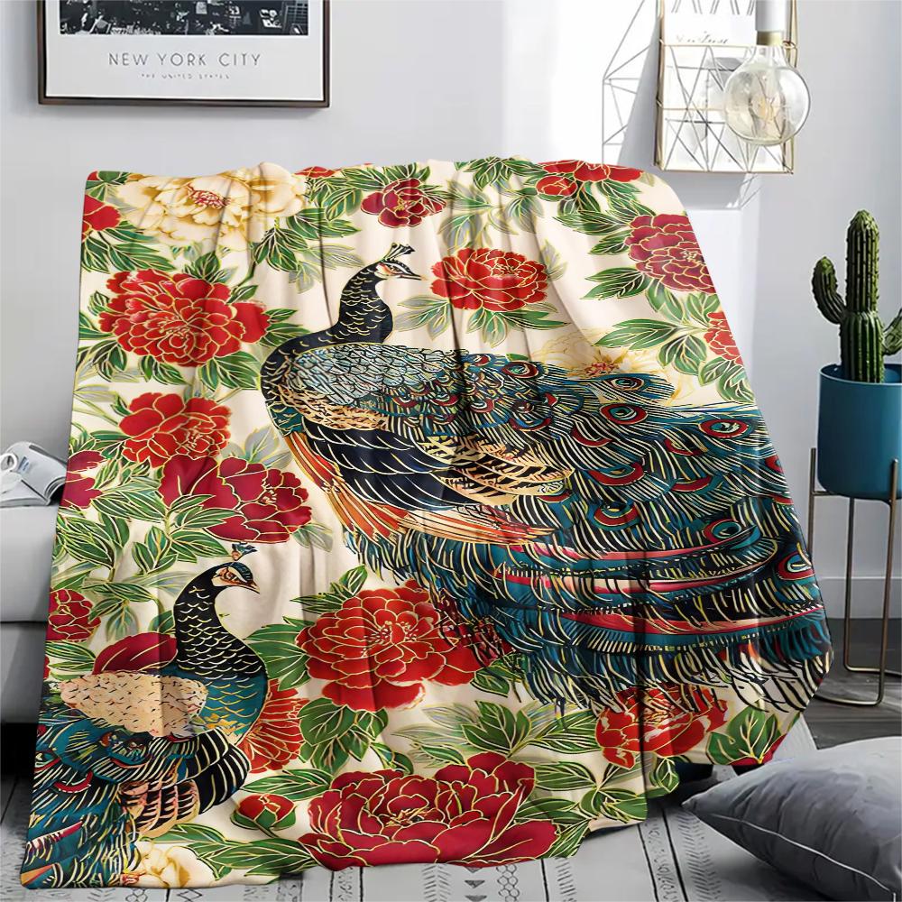 1Pc Goldfish Peacocks Print Flannel Blanket, High quality Comfortable for All Seasons, Home Decor, Warmth and Comfort, Perfect for Christmas Gifts
