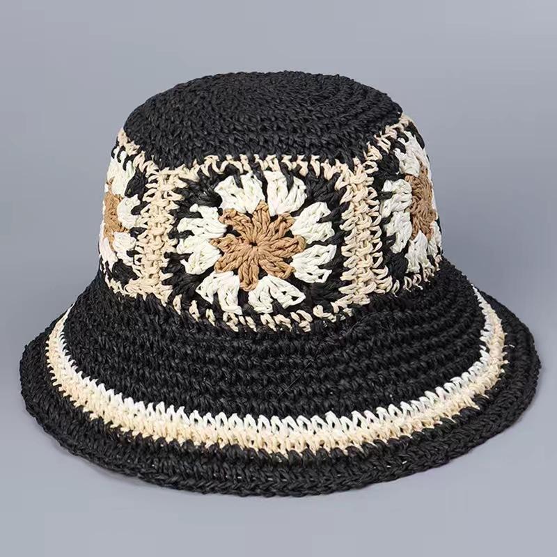Summer face covering small sunscreen bucket hat woven flower straw hat bucket hat women's versatile sun hat