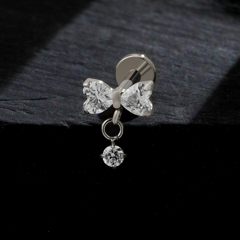 Right Grand ASTM F136 Titanium Bow Dangle CZ Piercing Labret Stud 16G Flat Back Helix Tragus Cartilage Earring Bridal Jewelry