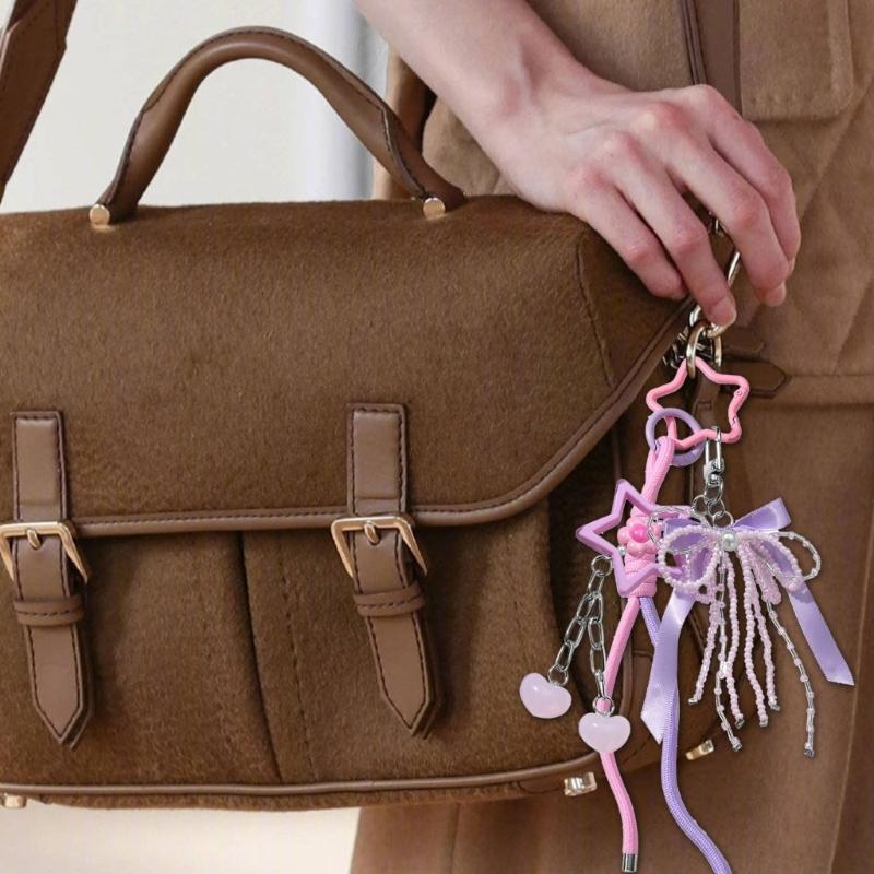 Cute Bag Charm Pendant Keyring Bowknot Heart Braided Rope Keychain Bag Charm for Backpack Purse Handbag Decoration