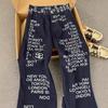 JYL Unisex Straight Jeans Denim Blue Letter Print American Vintage Loose Casual Denim
