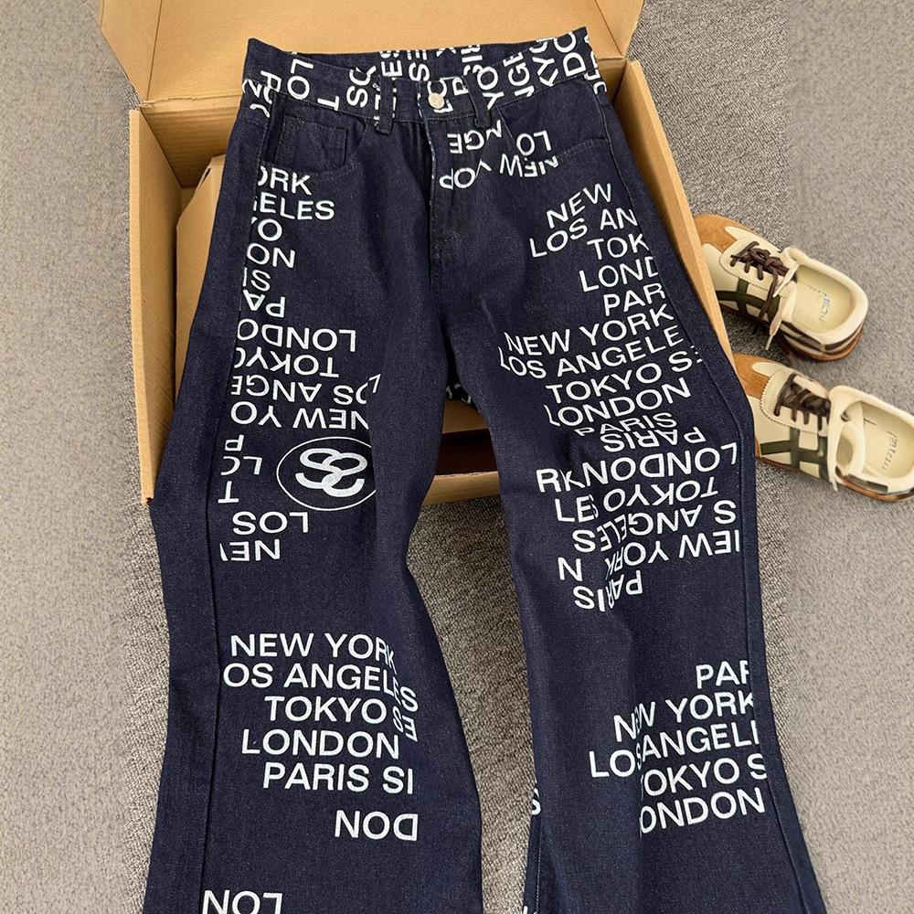 JYL Unisex Straight Jeans Denim Blue Letter Print American Vintage Loose Casual Denim