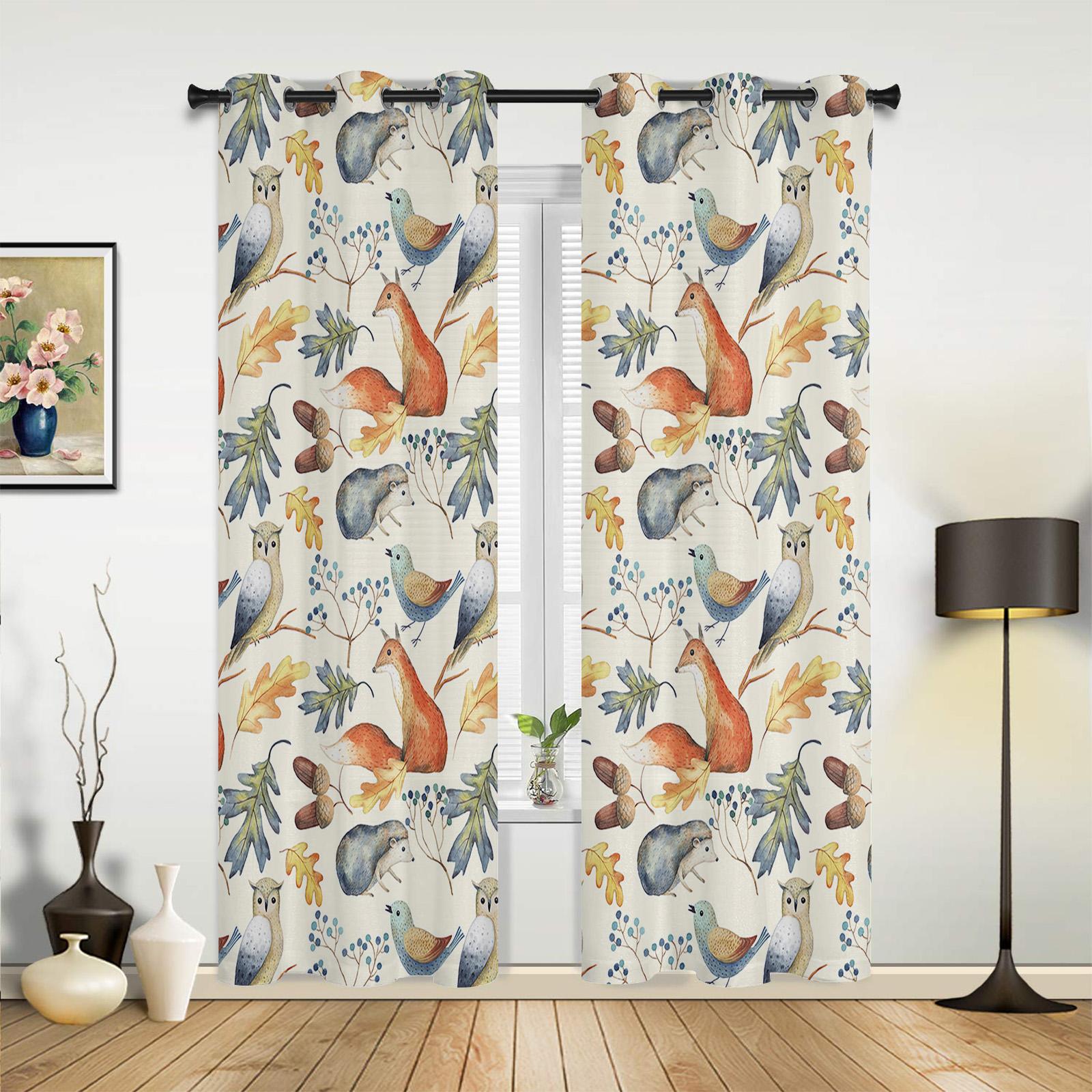 

Осенние оконные шторы с изображением совы, птицы, лисицы и листьев для гостиной, роскошные современные шторы для спальни, кофейные шторы для столовой 135W x 60H(cm)