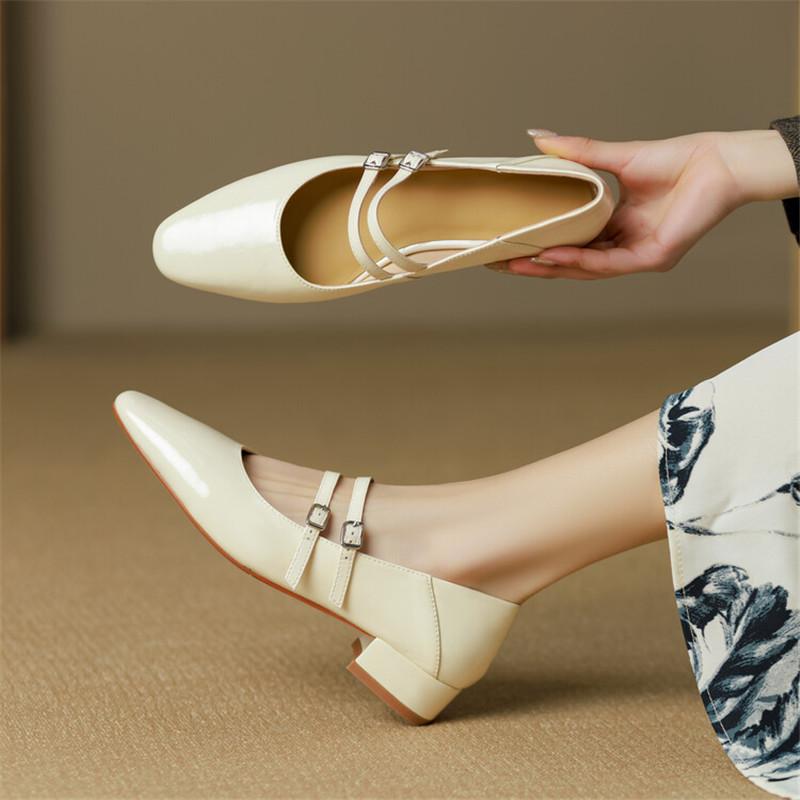 Fashion New Split Leather Mary Jane Shoes for Women LEISURE Buckle Shallow Pumps Square Toe Chunky Heel Shoes Woman Zapatos De Mujer